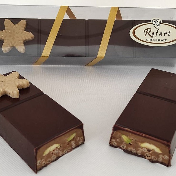 Turrón de chocolate negro 70% con pistachos y arroz inflado - Bendito Sabor