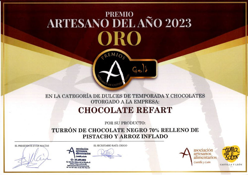 Turrón de chocolate negro 70% con pistachos y arroz inflado