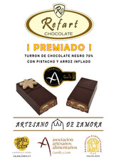 Turrón de chocolate negro 70% con pistachos y arroz inflado